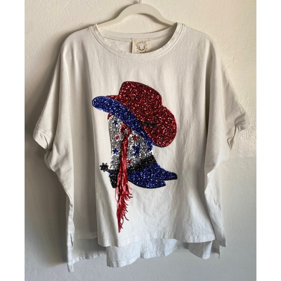Fantastic Fawn Tops - Fantastic Fawn Cowboy Boot Sequin T-Shirt Patriotic USA Oversized Tee M EUC